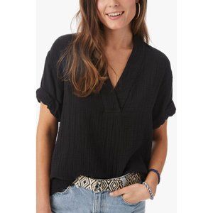 Xirena Avery Black Gauze Relaxed V Neck Short Sleeve Top S
